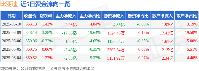股票行情快报：比亚迪（002594）6月10日主力资金净买入2.93亿元