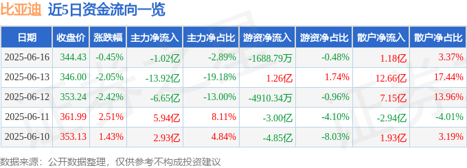 股票行情快报：比亚迪（002594）6月16日主力资金净卖出1.02亿元