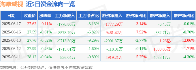 股票行情快报：海康威视（002415）6月17日主力资金净卖出1770.86万元