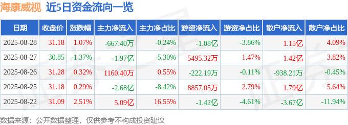 股票行情快报：海康威视（002415）8月28日主力资金净卖出667.40万元